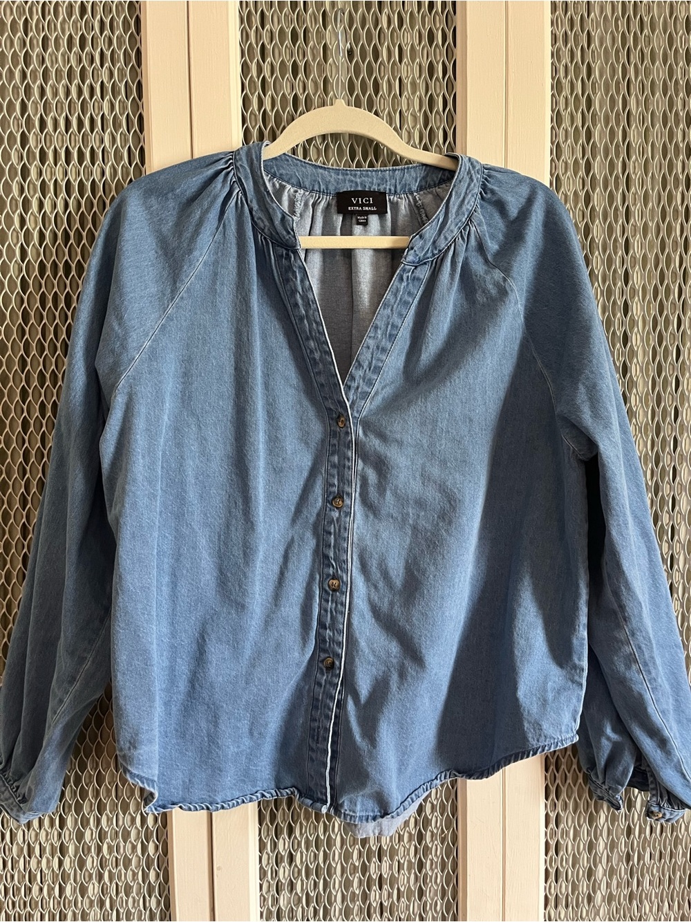 VICI Light Blue Denim-Effect Button Front Blouse